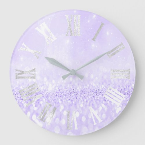 Lavender  Gray Silver Glitter Metal Roman Numers Large Clock