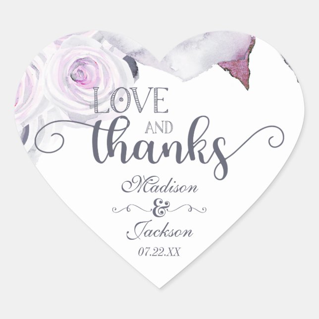 Lavender & Gray Wedding Love & Thanks Favor Heart Sticker (Front)