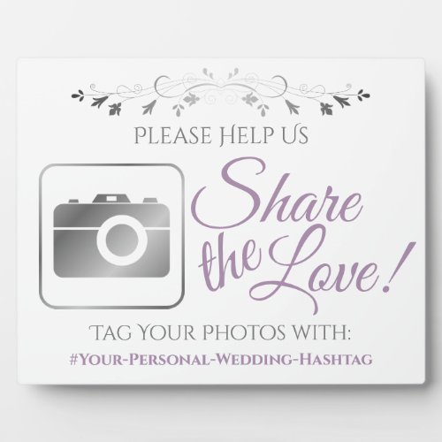 Lavender  Gray Wedding Photo Share Hashtag Sign Plaque