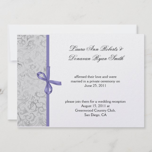Lavender Gray White Damask Post Wedding Invitation (Front)
