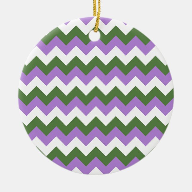 Lavender, Green and White Chevron Zigzag Ceramic Ornament (Front)