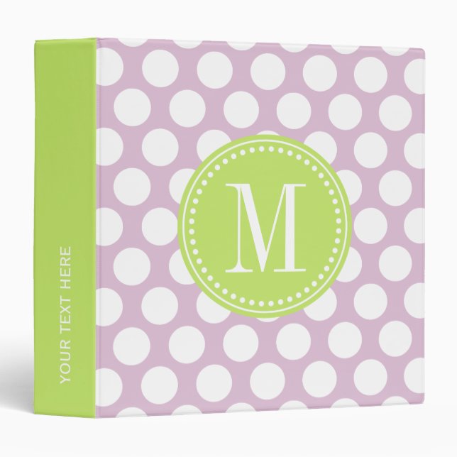 Lavender & Green Big Polka Dots Monogrammed Binder (Front/Spine)