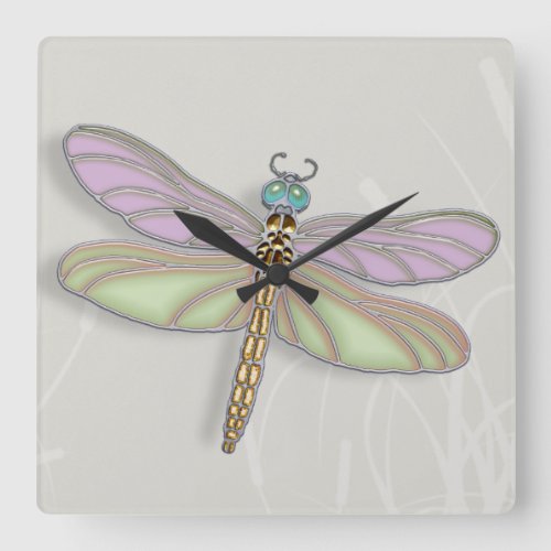 Lavender  Green Dragonfly Square Wall Clock
