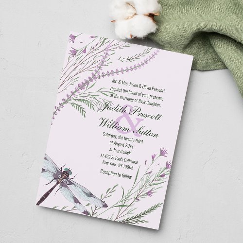 Lavender Green Dragonfly Watercolor Floral Wedding Invitation
