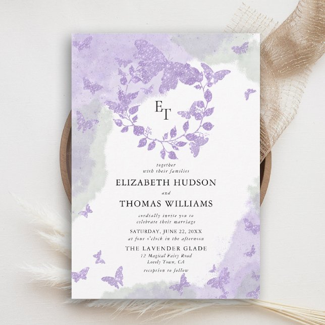 Lavender Green Dream Butterfly Eucalyptus Wedding Invitation (butterfly wedding invitation lavender purple green eucalyptus crest elegant modern romantic)