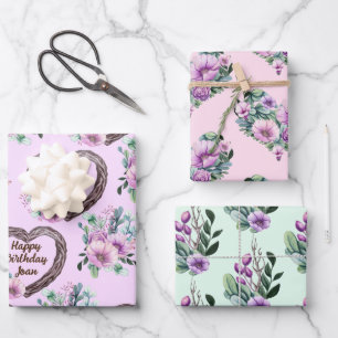 Lavender & Green Floral Hearts Personalize Name Wrapping Paper Sheets