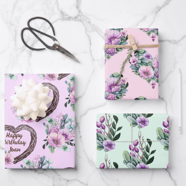 Lavender & Green Floral Hearts Personalize Name Wrapping Paper Sheets (Front)