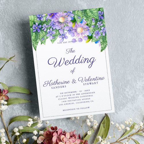 Lavender green lilac formal script floral wedding invitation
