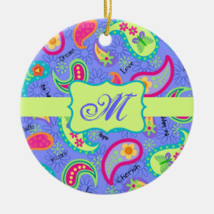 Lavender Green Modern Paisley Pattern Monogram Ceramic Ornament