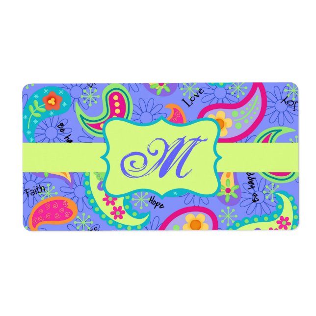 Lavender Green Modern Paisley Pattern Monogram Label (Front)