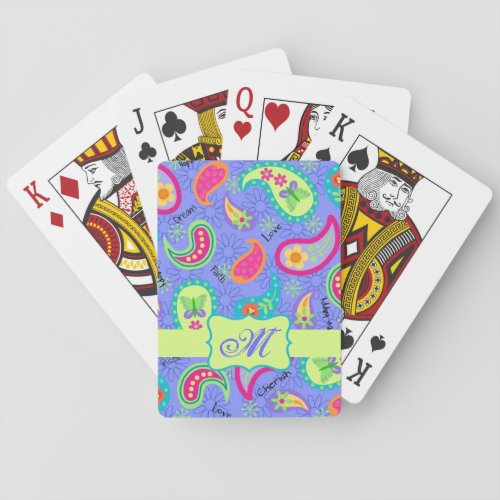 Lavender Green Modern Paisley Pattern Monogram Poker Cards