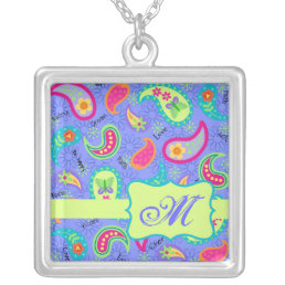 Lavender Green Modern Paisley Pattern Monogram Silver Plated Necklace