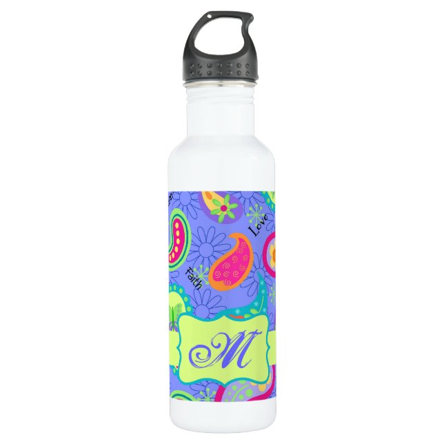 Lavender Green Modern Paisley Pattern Monogram Water Bottle (Front)