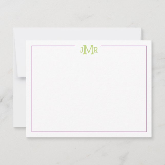 Lavender & Green Monogram Flat Thank You Card (Front)