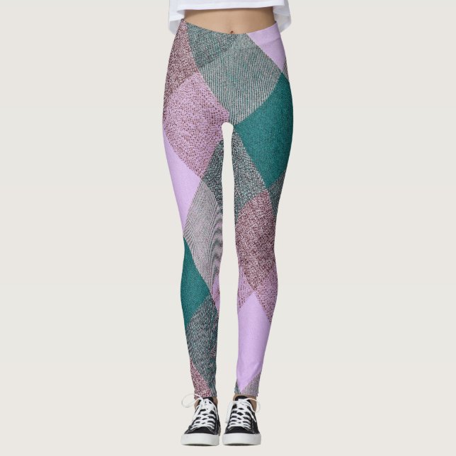 Lavender Green Plaid Triangle Pattern Leggings (Front)