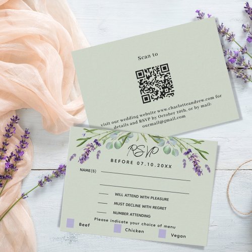 Lavender green wedding menu QR response RSVP