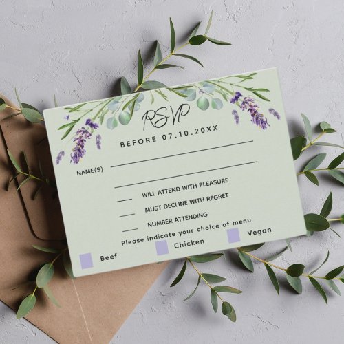 Lavender green wedding menu response RSVP