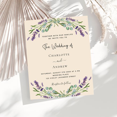 Lavender greenery beige budget wedding invitation