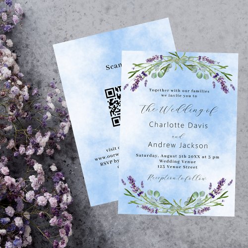 Lavender greenery blue QR code luxury wedding Invitation