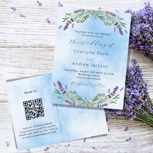 Lavender greenery blue QR code wedding Invitation Postcard