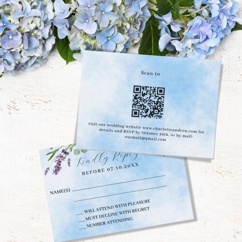 Lavender greenery blue QR wedding response RSVP Note Card