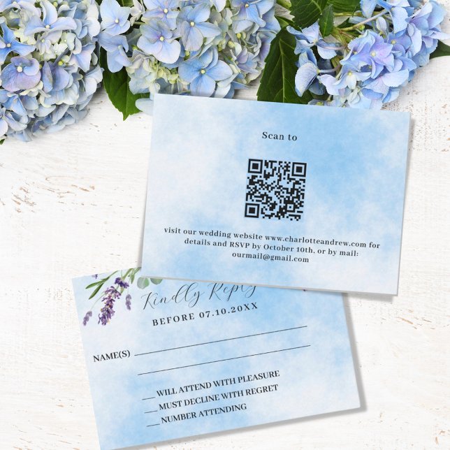 Lavender greenery blue QR wedding response RSVP Note Card (Creator Uploaded)