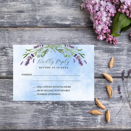Lavender greenery blue wedding response RSVP Note Card