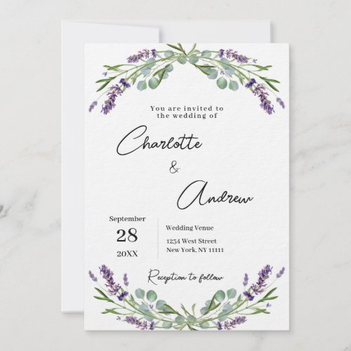 Lavender greenery florals script luxury wedding invitation