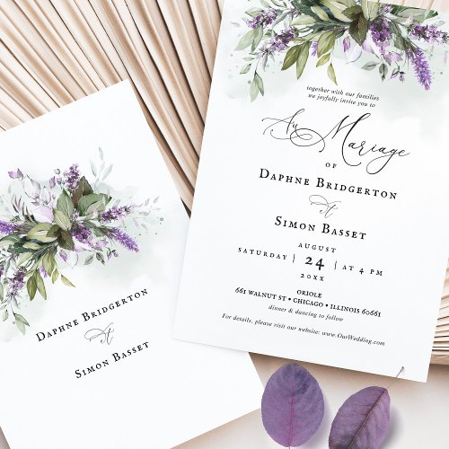 Lavender Greenery French Script Wedding Invitation