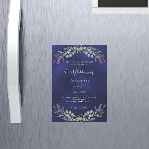 Lavender greenery navy blue luxury wedding  magnetic invitation