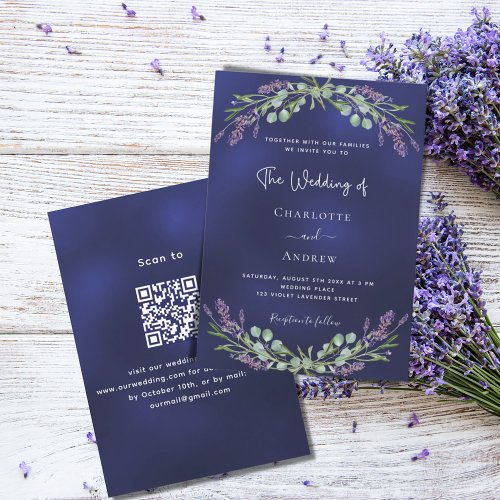 Lavender greenery navy blue QR code RSVP wedding  Invitation