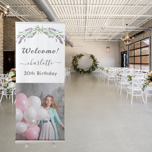 Lavender greenery photo birthday party welcome retractable banner