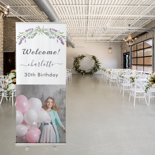 Lavender greenery photo birthday party welcome retractable banner (Creator Uploaded)