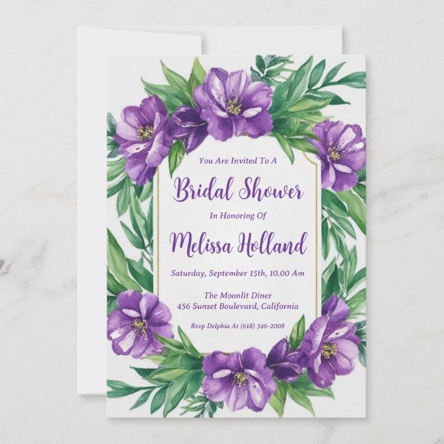 lavender greenery purple floral bridal shower invitation (Front)
