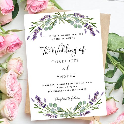 Lavender greenery purple florals script wedding  invitation