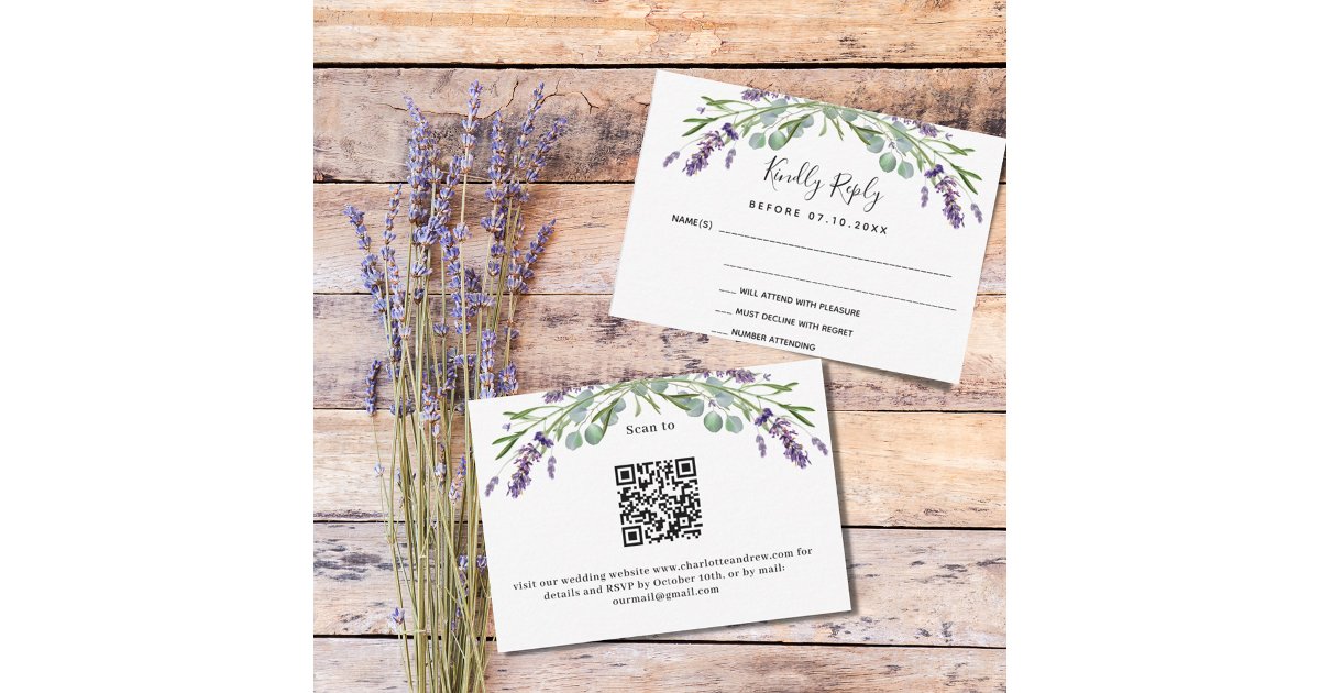 Lavender greenery QR code wedding response RSVP Note Card | Zazzle