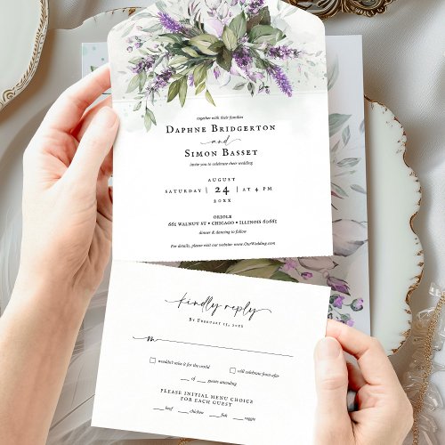 Lavender Greenery Script All in One Wedding Invite