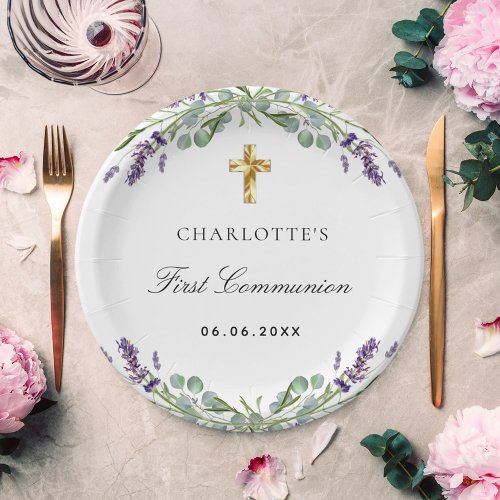 Lavender greenery violet florals First Communion Paper Plates