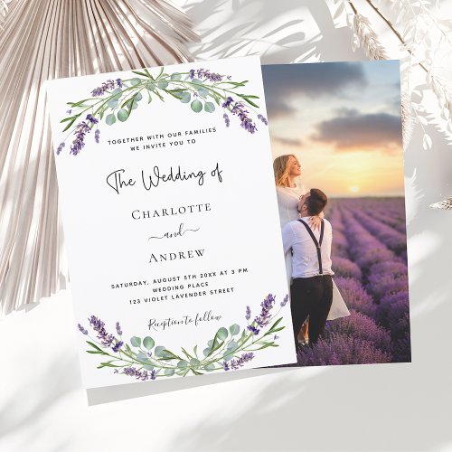 Lavender greenery violet florals photo wedding  invitation