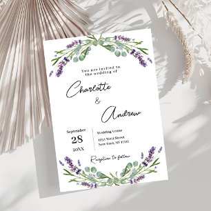Lavender greenery violet florals script wedding invitation
