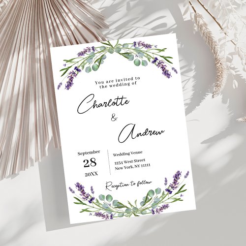 Lavender greenery violet florals script wedding invitation