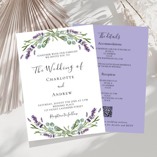 Lavender greenery violet QR RSVP details wedding Invitation