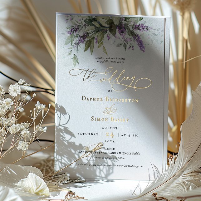 Lavender Greenery Wedding Gold Foil Accents Invitation (Creator Uploaded)