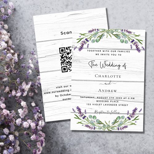 Lavender greenery white wood QR code wedding Invitation