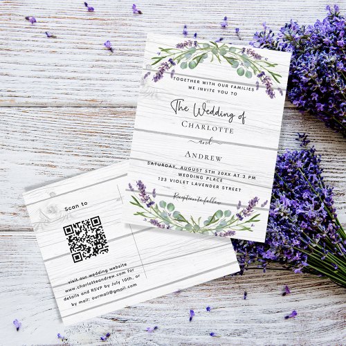Lavender greenery white wood QR code wedding Invitation Postcard