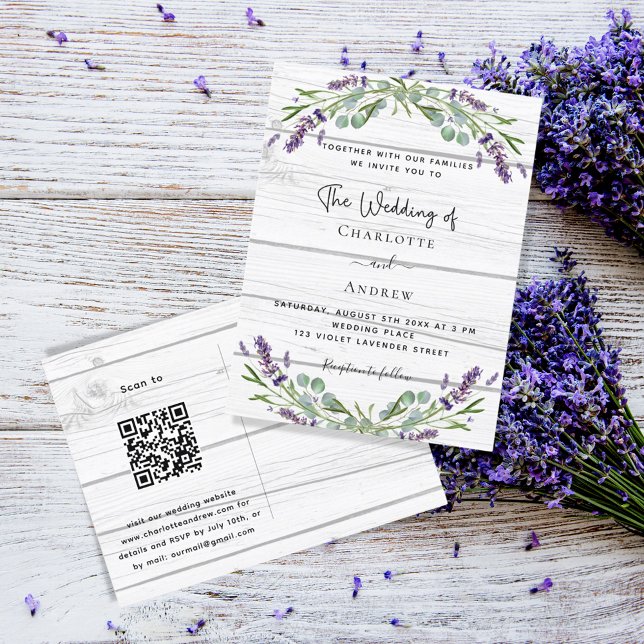 Lavender greenery white wood QR code wedding Invitation Postcard (Creator Uploaded)