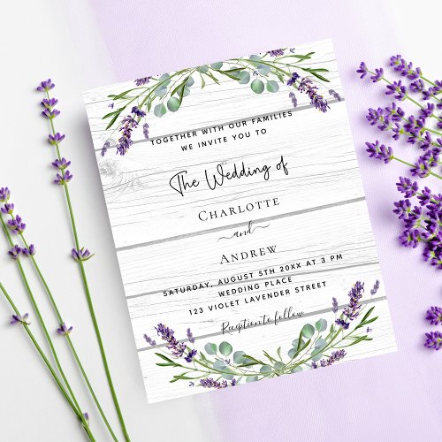 Lavender greenery wood budget wedding invitation