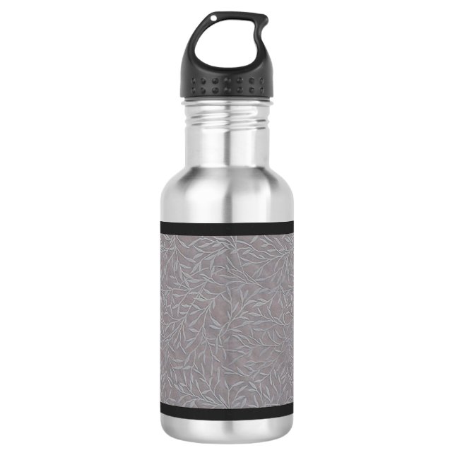 Lavender Grey Embossed Leaf Vines Water Bottle (Front)