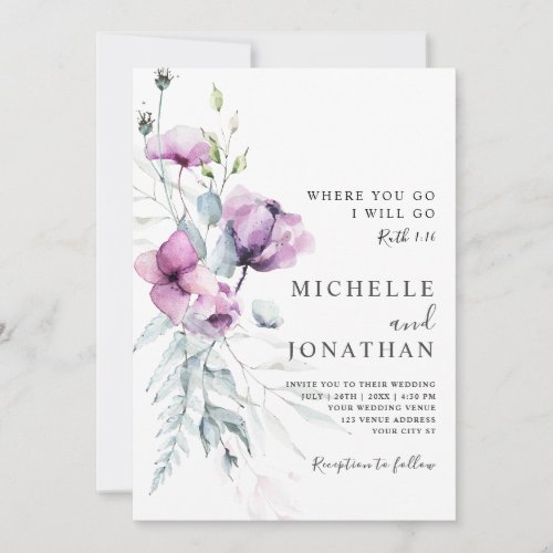 Lavender Grey Floral Bible Verse Christian Wedding Invitation