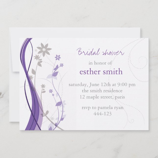 Lavender & grey floral charm invitation (Front)